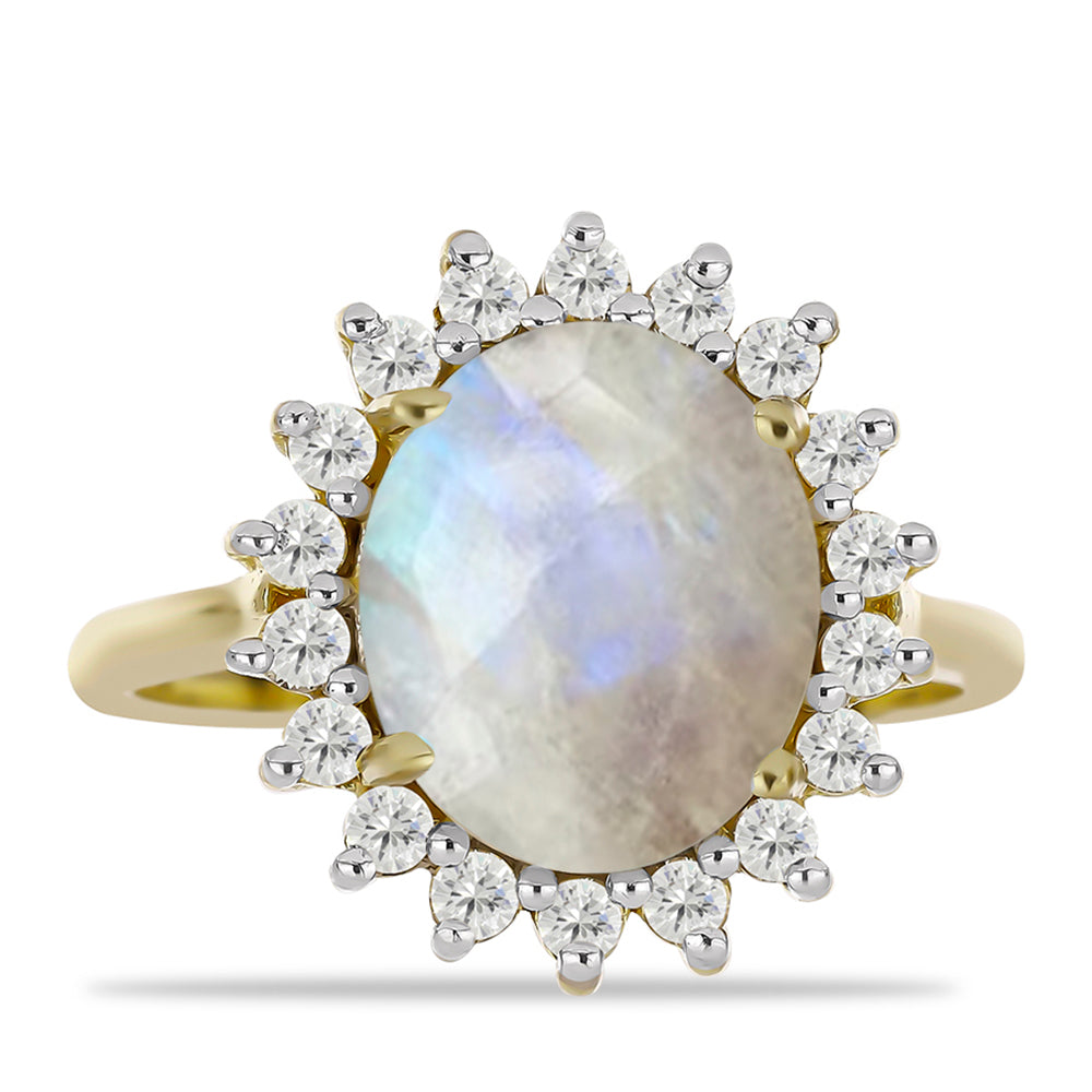 Anillo de Plata Bañada en Oro con Piedra Lunar Arco Iris y Topacio Blanco