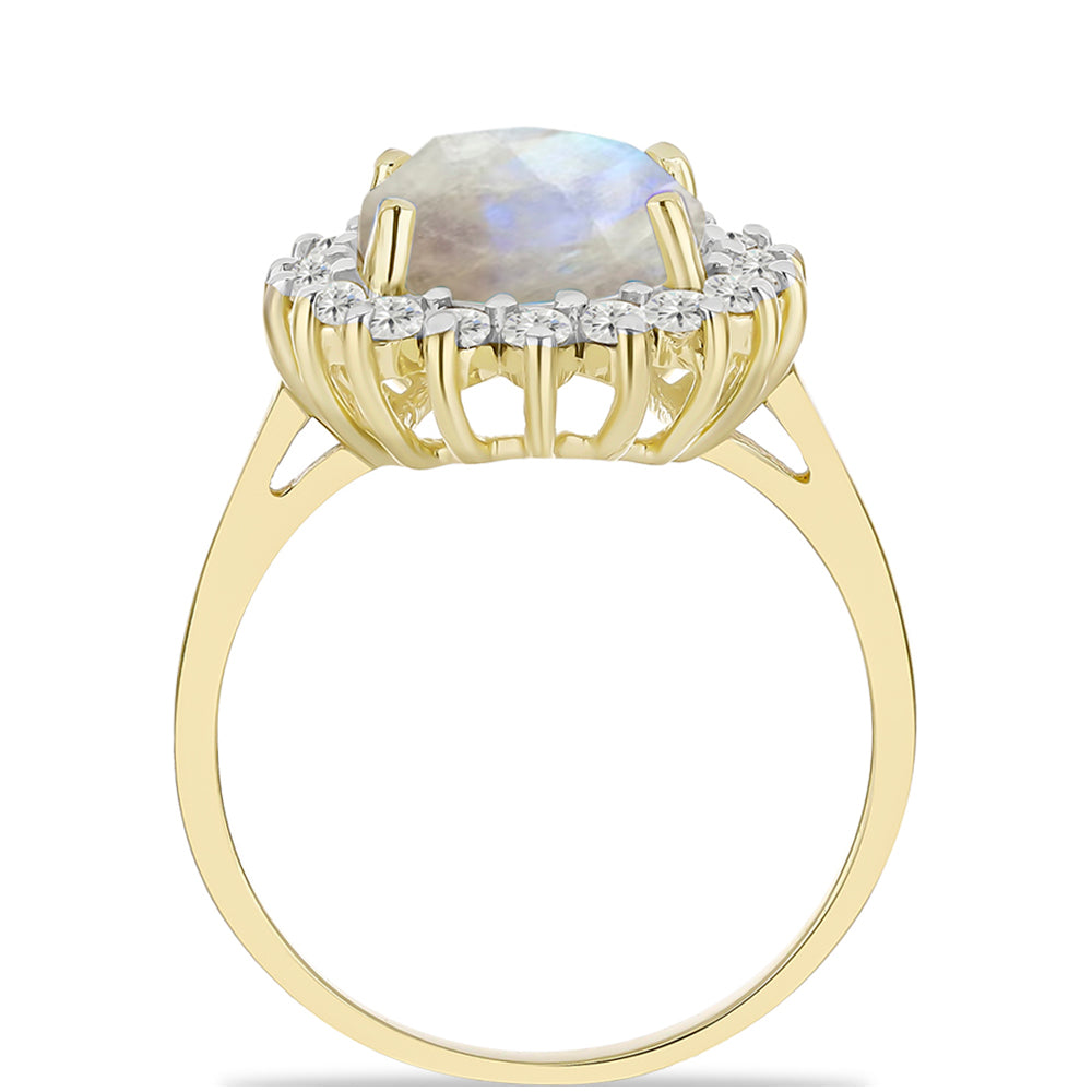 Anillo de Plata Bañada en Oro con Piedra Lunar Arco Iris y Topacio Blanco