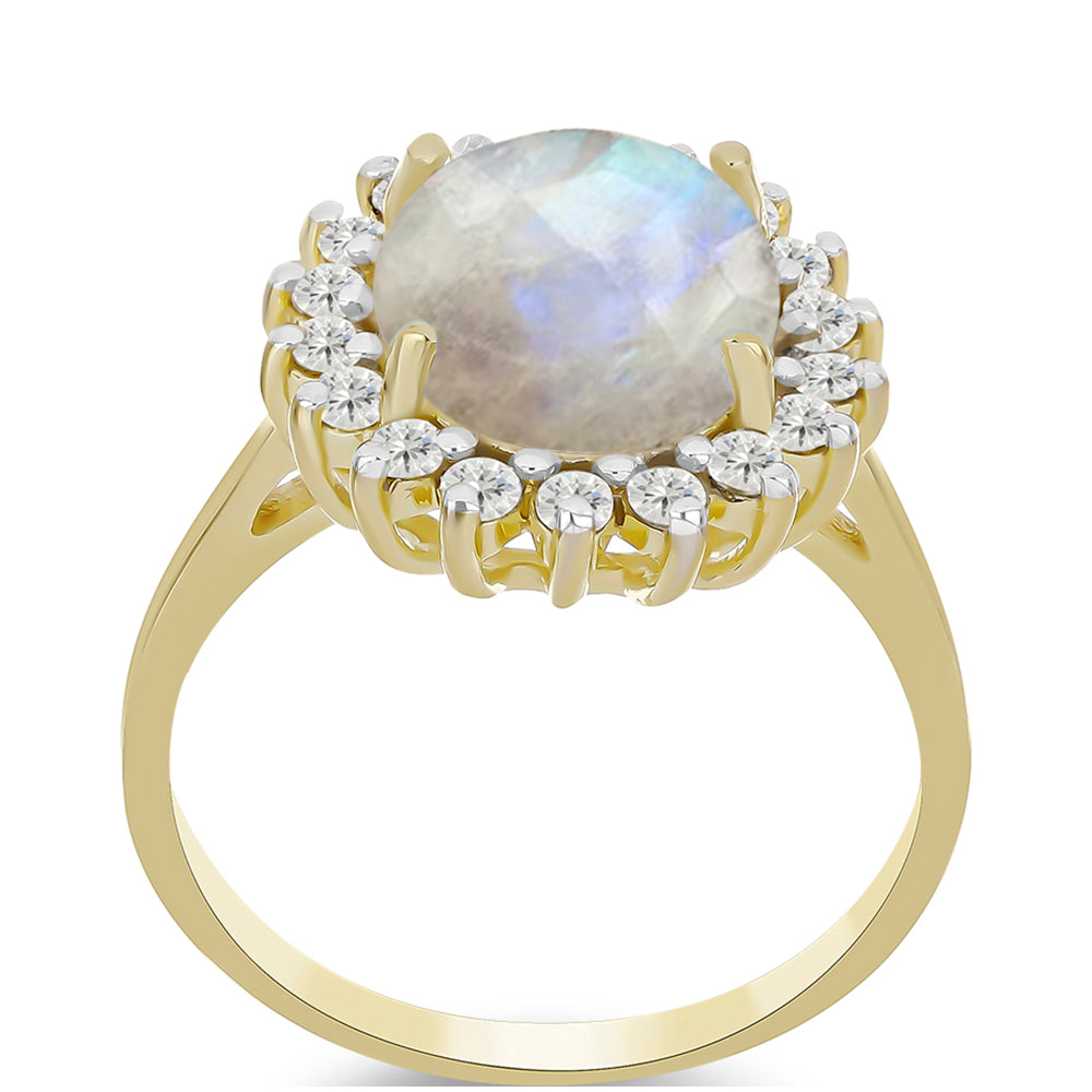 Anillo de Plata Bañada en Oro con Piedra Lunar Arco Iris y Topacio Blanco