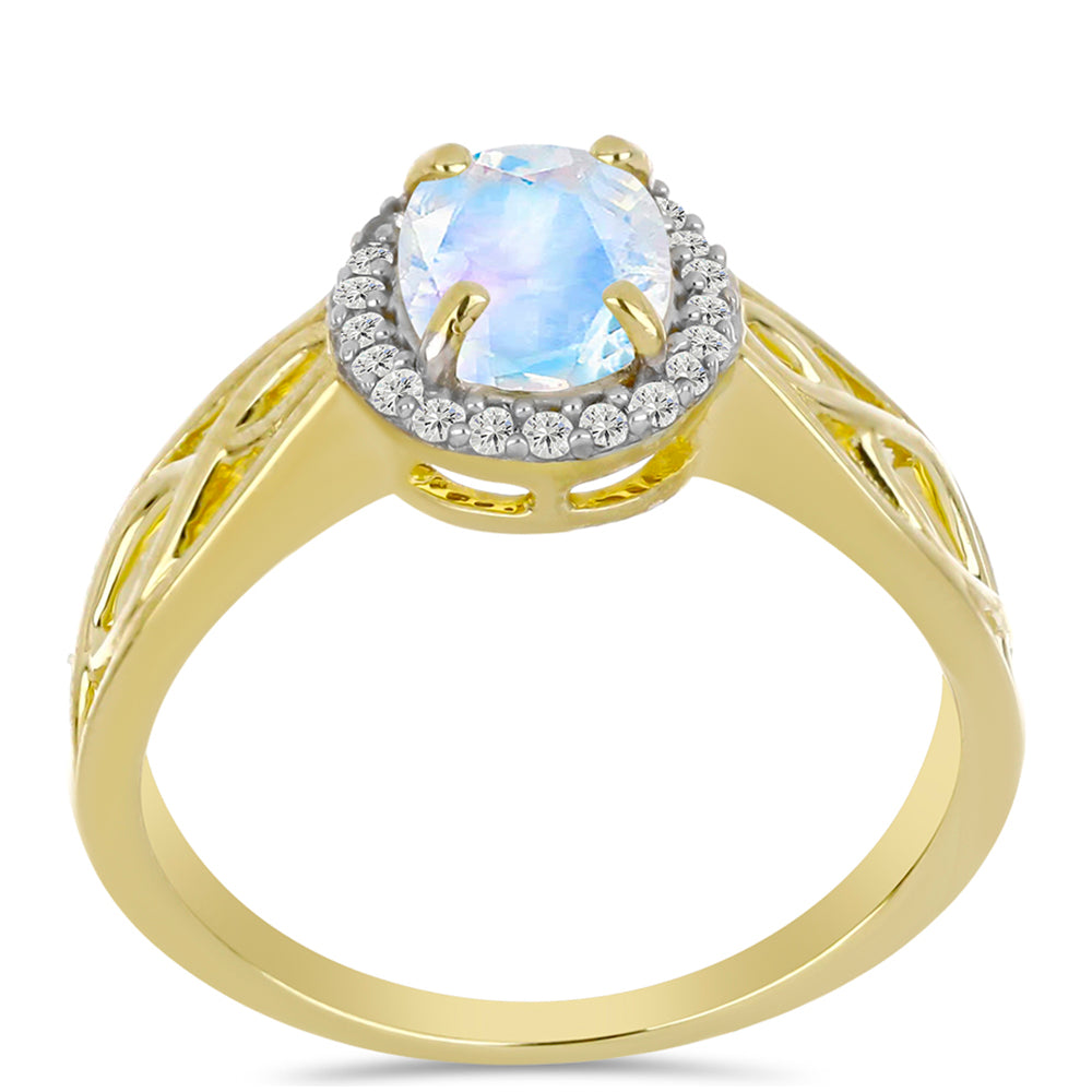 Anillo de Plata Bañada en Oro con Piedra Lunar Arco Iris y Topacio Blanco