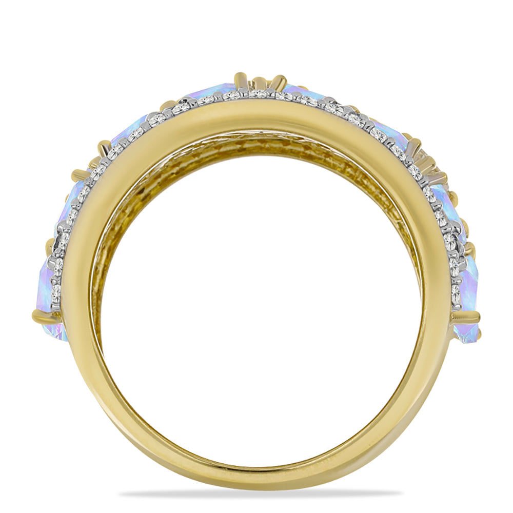 Anillo de Plata Bañada en Oro con Piedra Lunar Arco Iris y Topacio Blanco