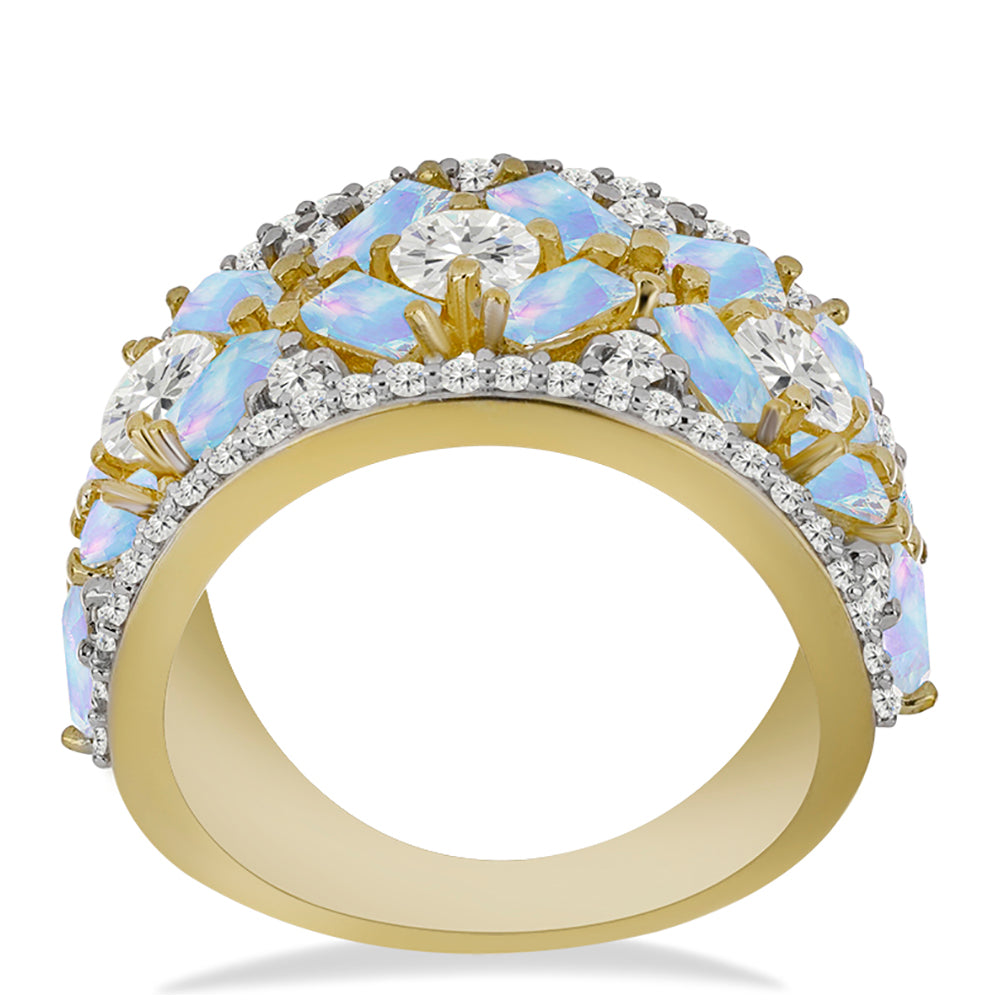 Anillo de Plata Bañada en Oro con Piedra Lunar Arco Iris y Topacio Blanco