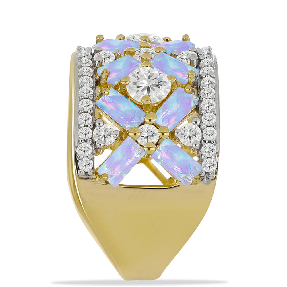Anillo de Plata Bañada en Oro con Piedra Lunar Arco Iris y Topacio Blanco