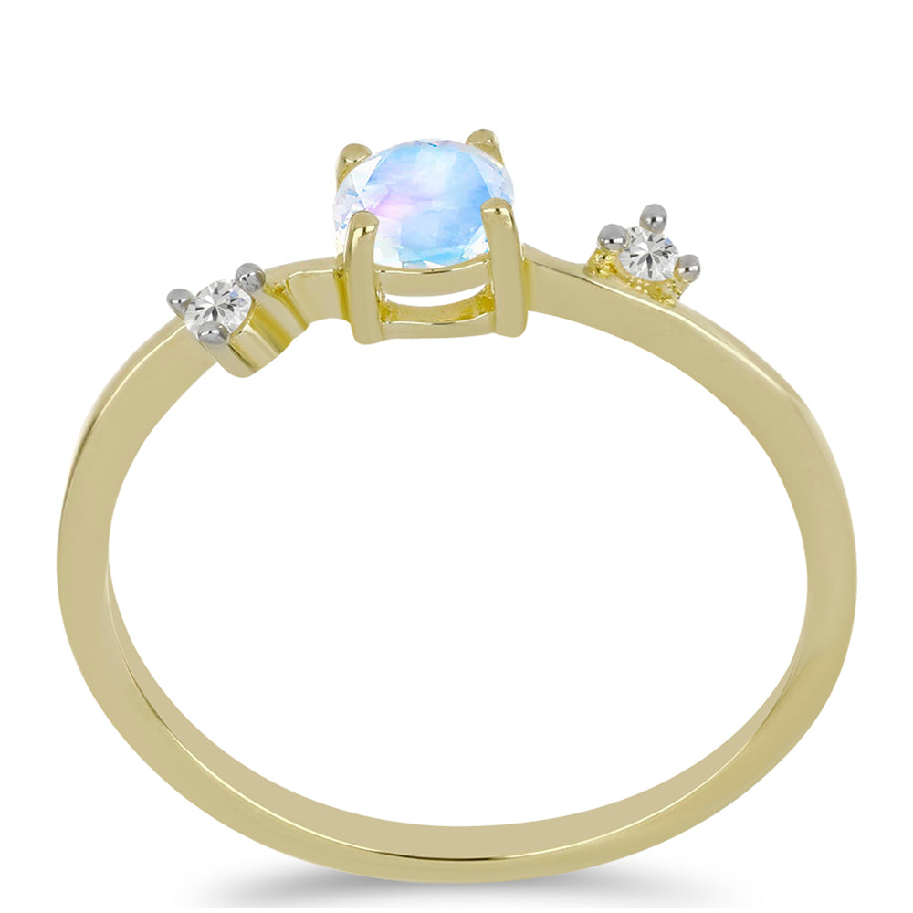 Anillo de Plata Bañada en Oro con Piedra Lunar Arco Iris y Topacio Blanco