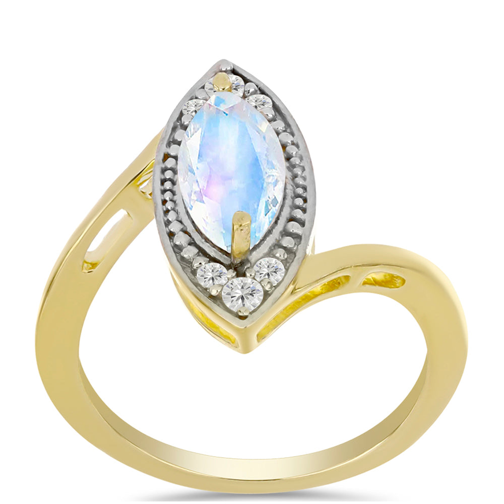 Anillo de Plata Bañada en Oro con Piedra Lunar Arco Iris y Topacio Blanco