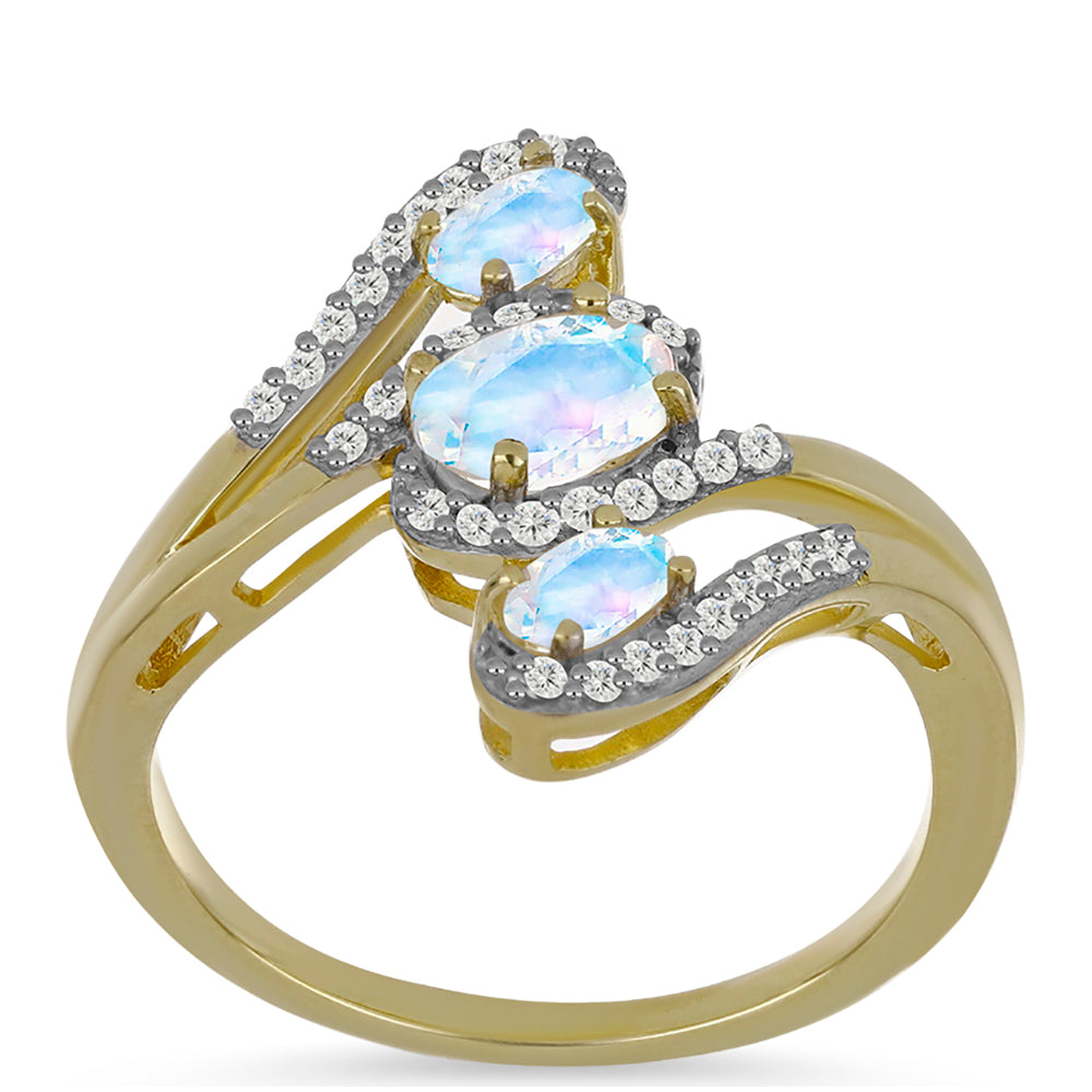 Anillo de Plata Bañada en Oro con Piedra Lunar Arco Iris y Topacio Blanco
