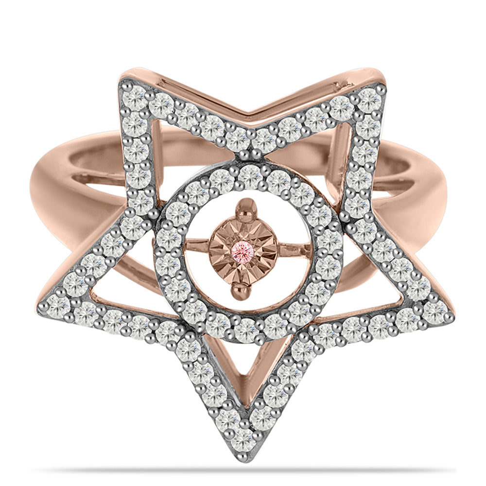 Anillo de Plata Bañada en Oro Rosa con Diamante Rosa Danzantes y Topacio Blanco