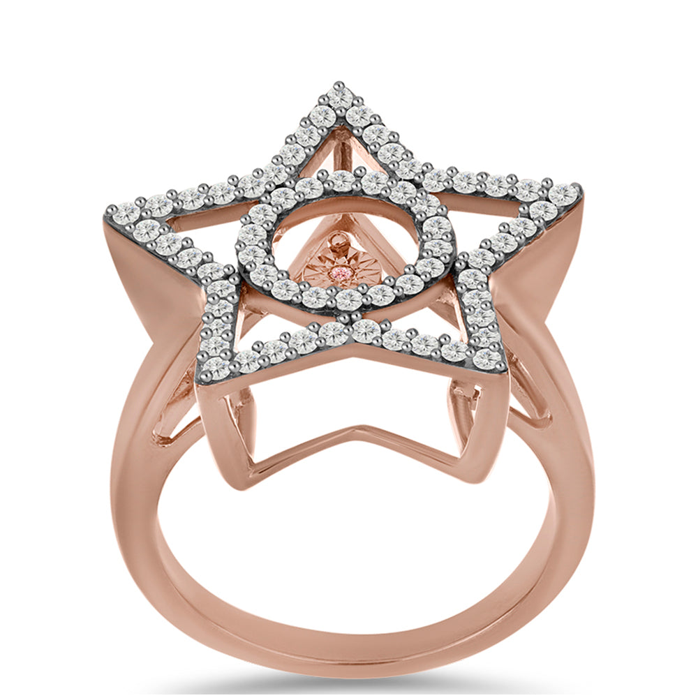 Anillo de Plata Bañada en Oro Rosa con Diamante Rosa Danzantes y Topacio Blanco