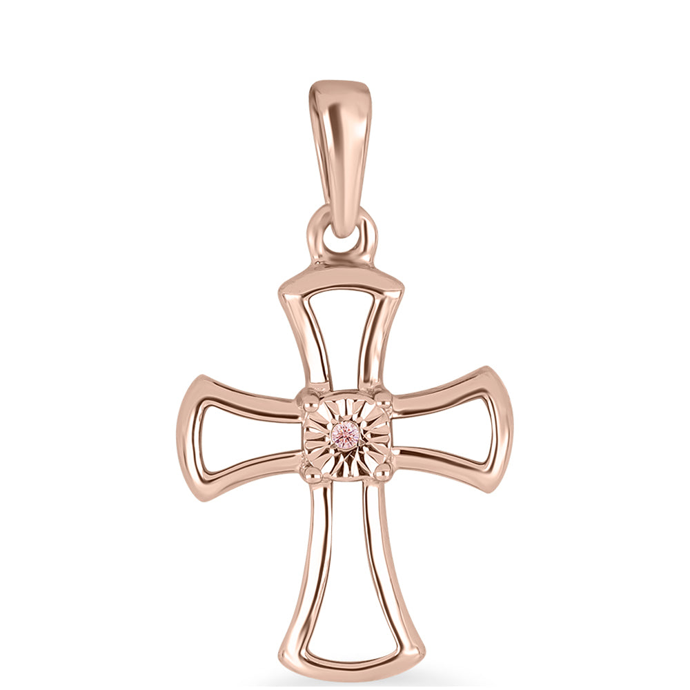 Cruz Colgante de Plata Bañada en Oro Rosa con Diamante Rosa Danzantes