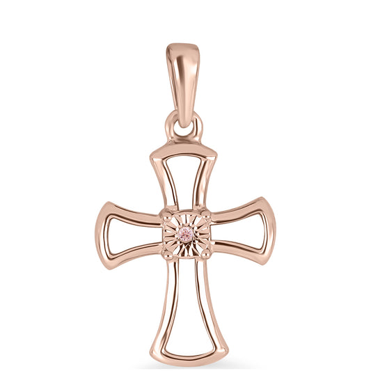 Cruz Colgante de Plata Bañada en Oro Rosa con Diamante Rosa Danzantes