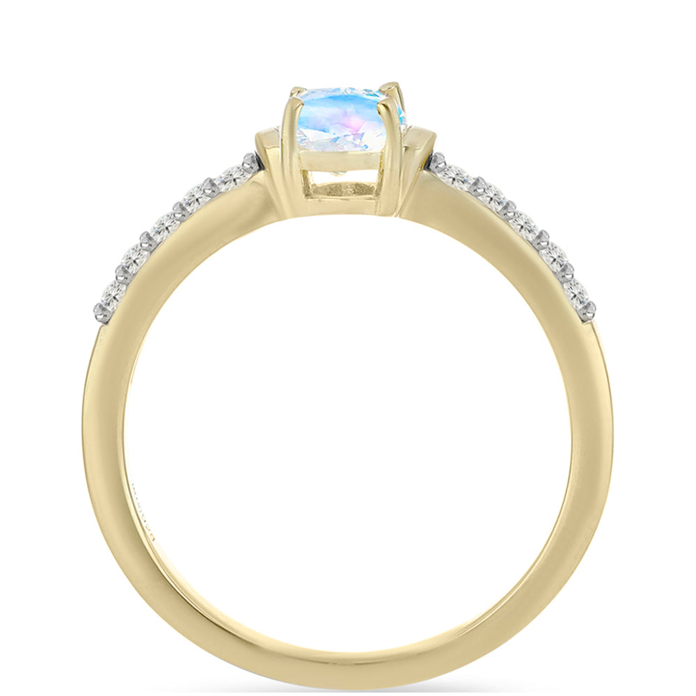 Anillo de Plata Bañada en Oro con Piedra Lunar Arco Iris y Topacio Blanco 2 