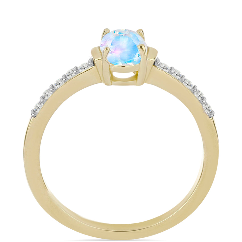 Anillo de Plata Bañada en Oro con Piedra Lunar Arco Iris y Topacio Blanco