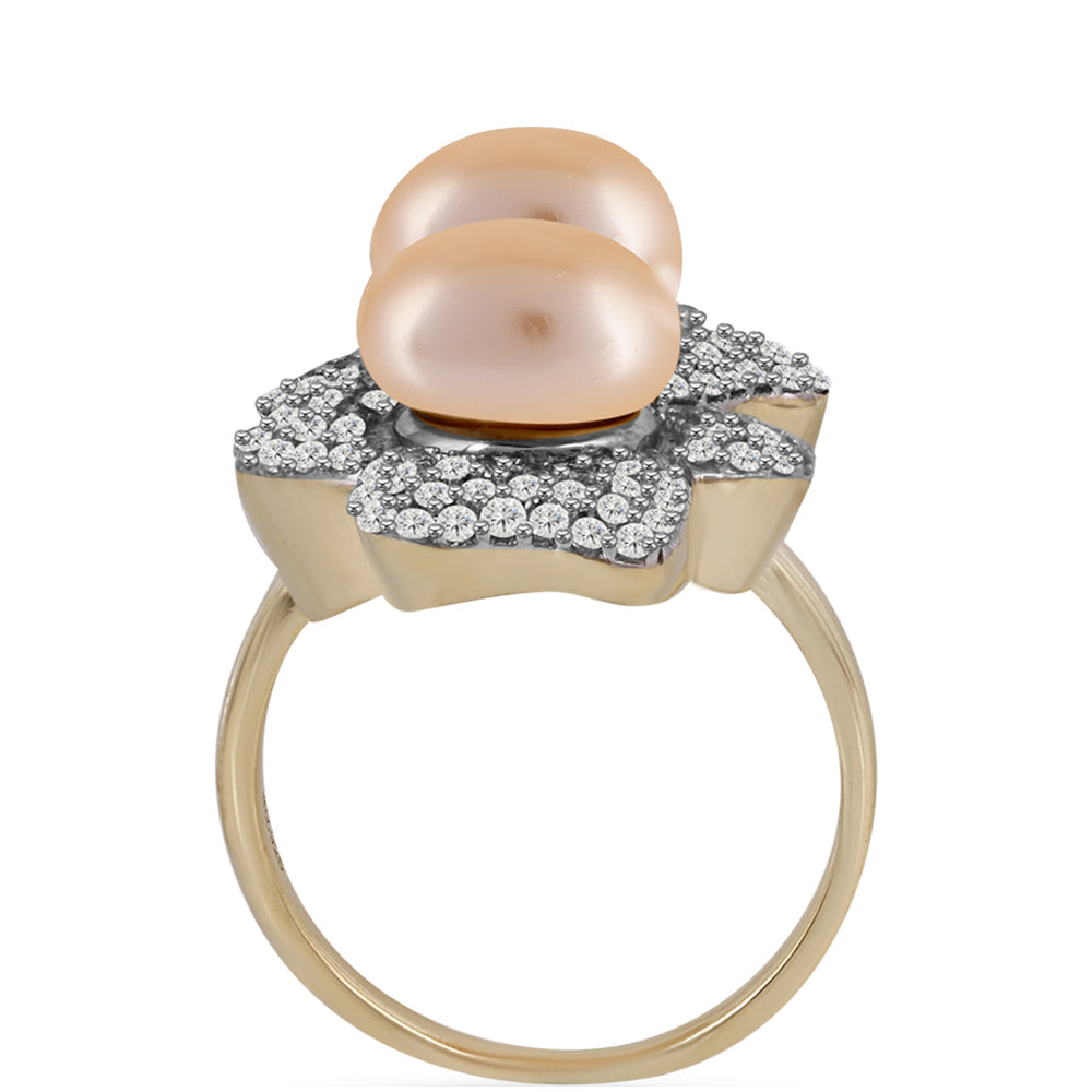 Anillo de Plata Bañada en Oro con Perla Dorada de Agua Dulce y Topacio Blanco