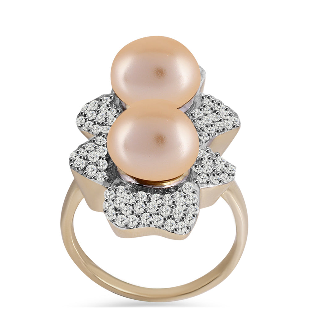 Anillo de Plata Bañada en Oro con Perla Dorada de Agua Dulce y Topacio Blanco 3 