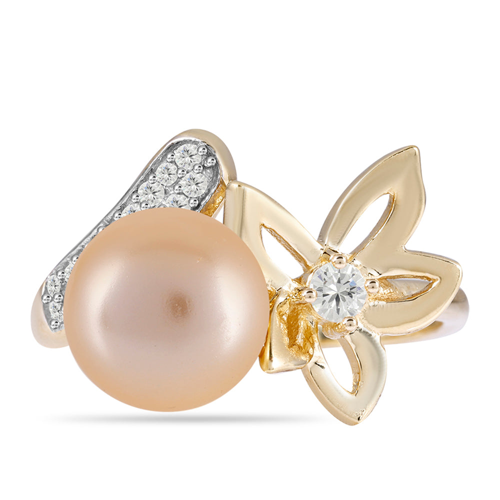 Anillo de Plata Bañada en Oro con Perla Dorada de Agua Dulce y Topacio Blanco 1 