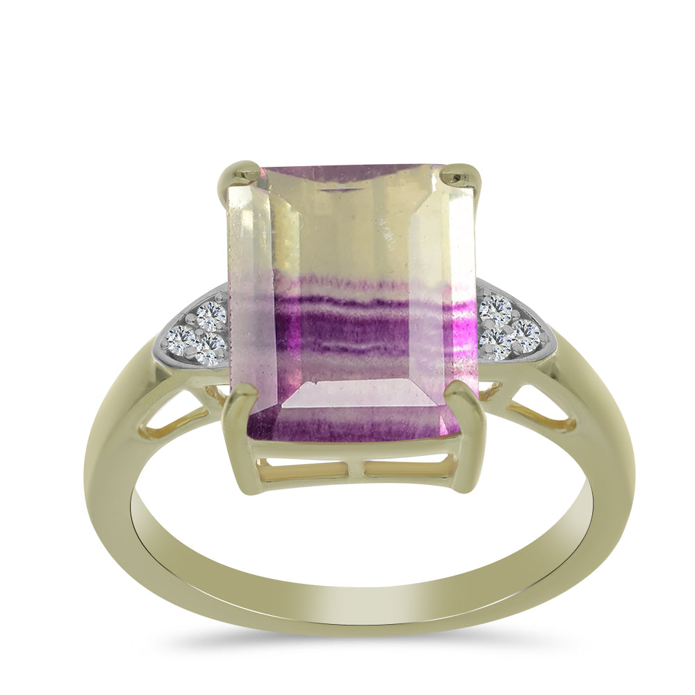 Anillo de Plata Bañada en Oro con Fluorita morada y Topacio Blanco 3 