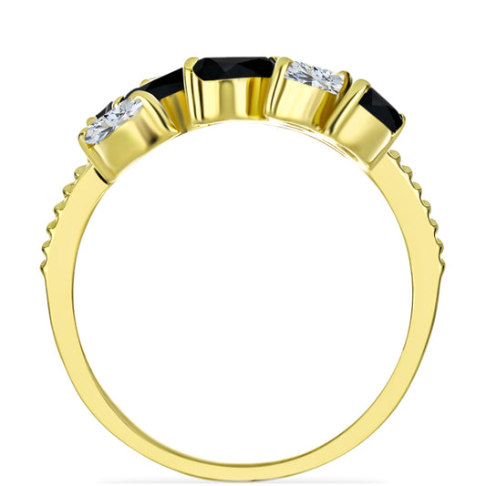 Anillo de Plata Bañada en Oro con Ónix Negro y Topacio Blanco