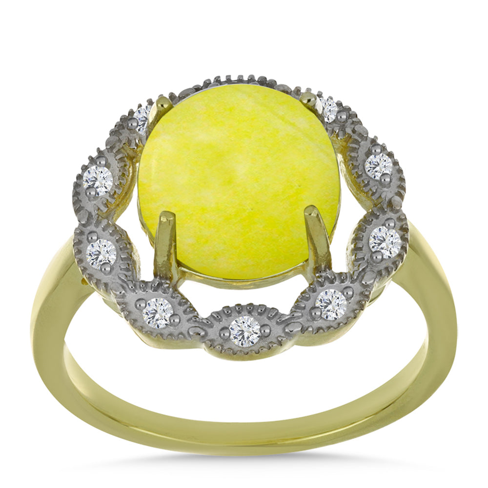Anillo de Plata Bañada en Oro con Serpentina Amarilla y Topacio Blanco