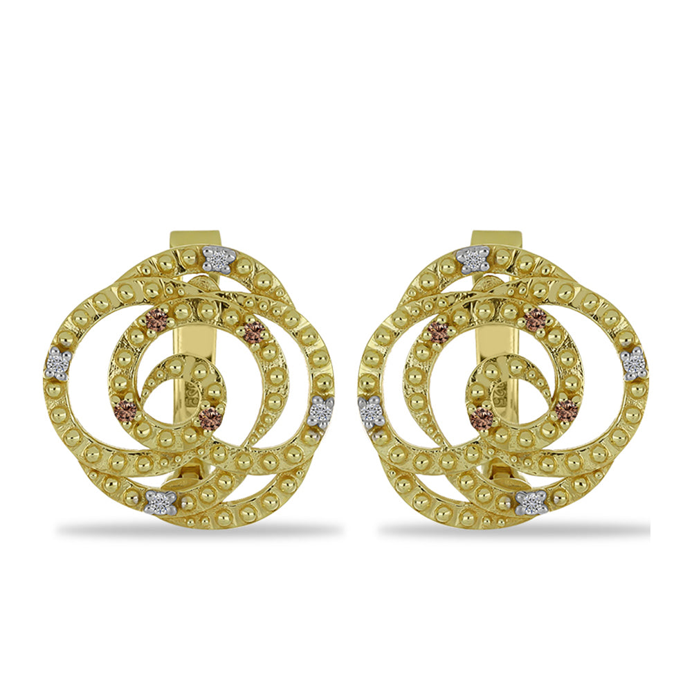 Pendientes de Plata Bañada en Oro con Diamante Champagne y Diamante blanco