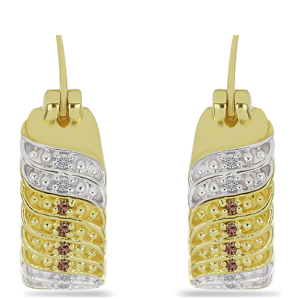 Pendientes de Plata Bañada en Oro con Diamante Champagne y Diamante blanco