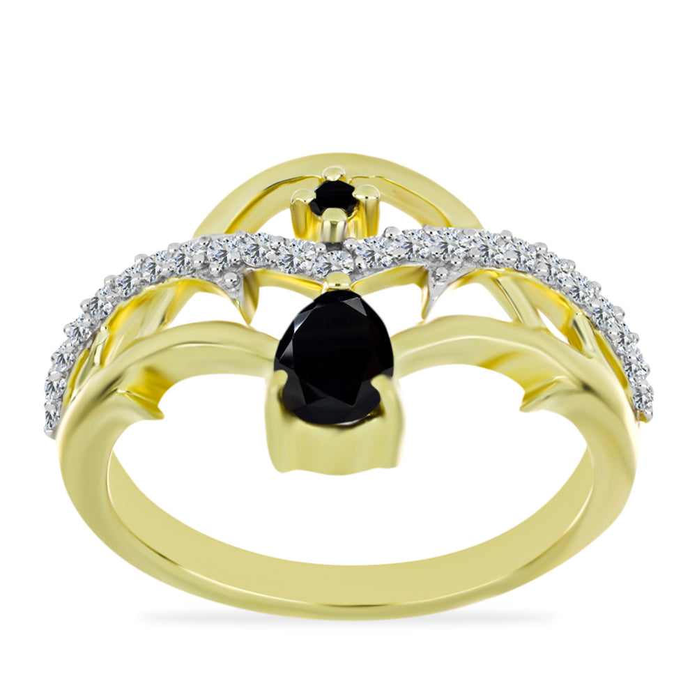 Anillo de Plata Bañada en Oro con Ónix Negro y Topacio Blanco 3 