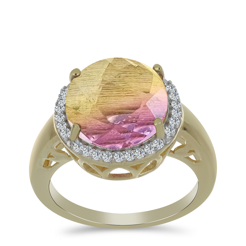 Anillo de Plata Bañada en Oro con Fluorita morada y Topacio Blanco 3 