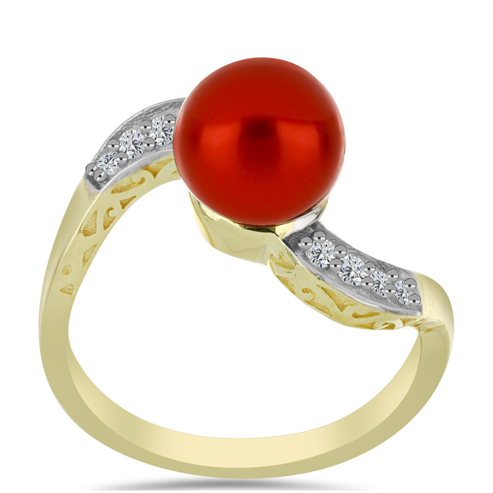 Anillo de Plata Bañada en Oro con Perla roja de río y Topacio Blanco