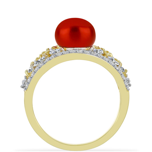 Anillo de Plata Bañada en Oro con Perla roja de río y Topacio Blanco