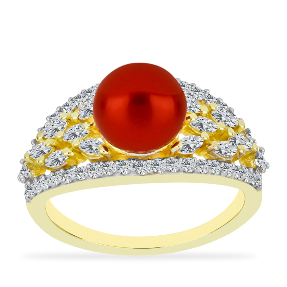 Anillo de Plata Bañada en Oro con Perla roja de río y Topacio Blanco