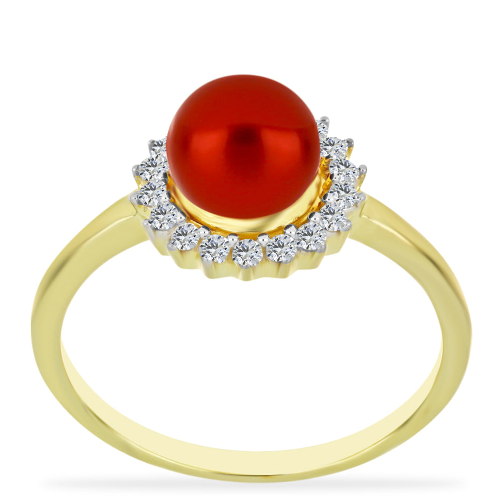 Anillo de Plata Bañada en Oro con Perla roja de río y Topacio Blanco