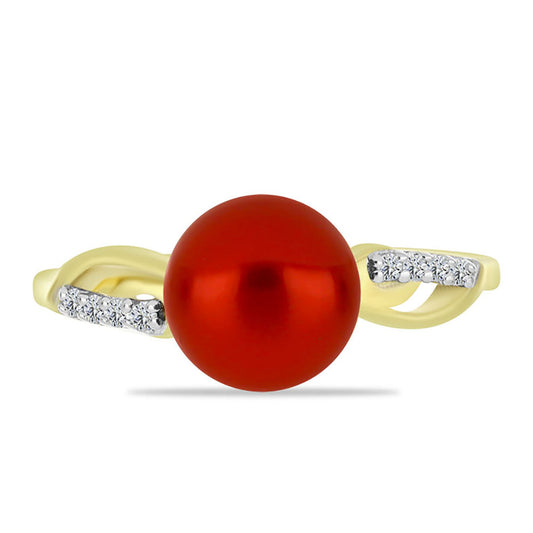 Anillo de Plata Bañada en Oro con Perla roja de río y Topacio Blanco
