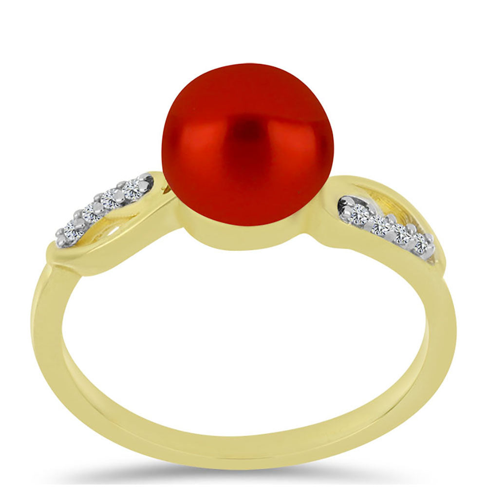 Anillo de Plata Bañada en Oro con Perla roja de río y Topacio Blanco