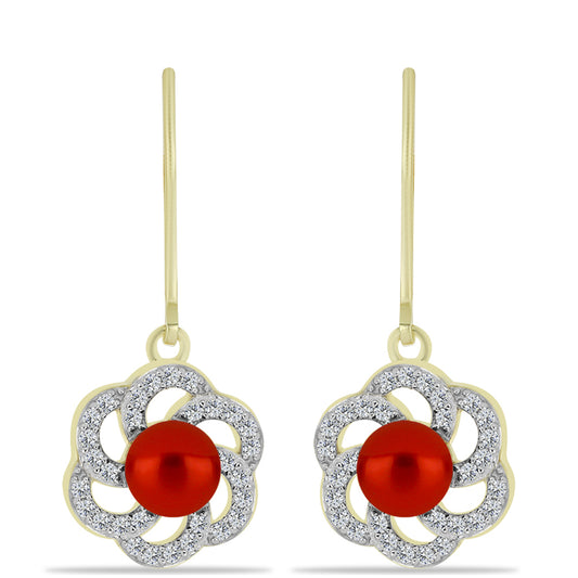 Pendientes de Plata Bañada en Oro con Perla roja de río y Topacio Blanco