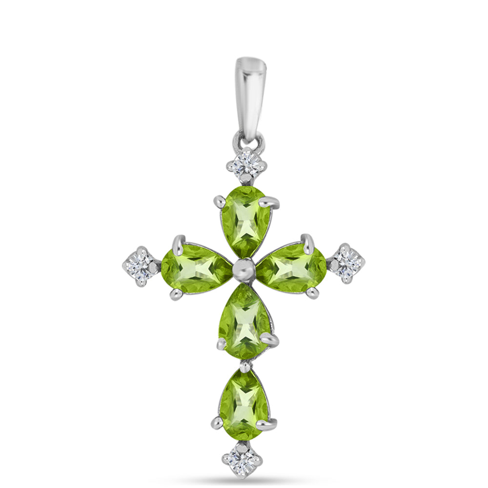 Cruz Colgante de Plata con Cuarzo Verde Helecho y Topacio Blanco