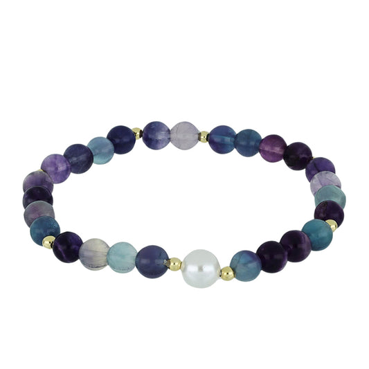 Pulsera de Plata Bañada en Oro con Fluorita y Perla de Agua Dulce Blanca Bicolor