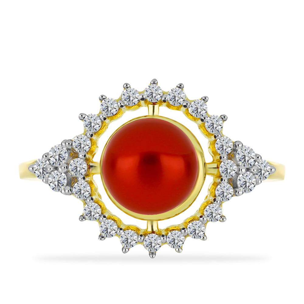 Anillo de Plata Bañada en Oro con Perla roja de río y Topacio Blanco