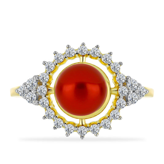 Anillo de Plata Bañada en Oro con Perla roja de río y Topacio Blanco