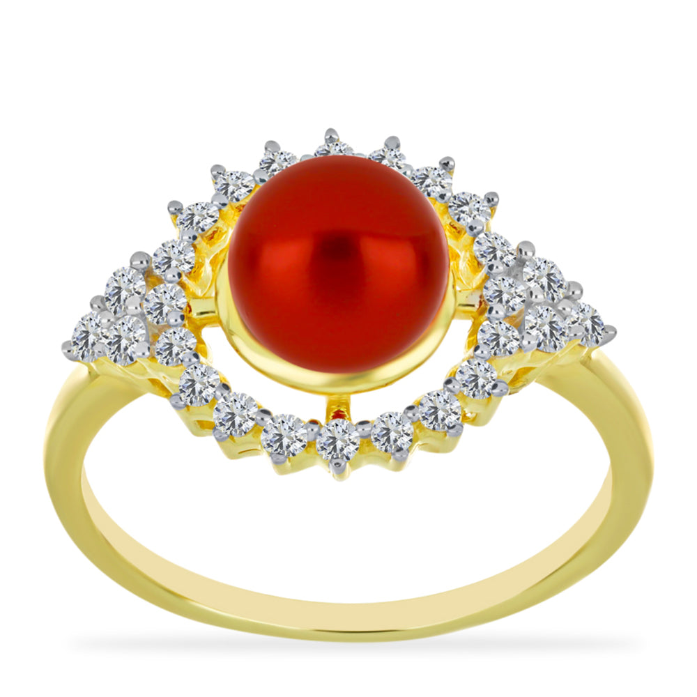 Anillo de Plata Bañada en Oro con Perla roja de río y Topacio Blanco 3 