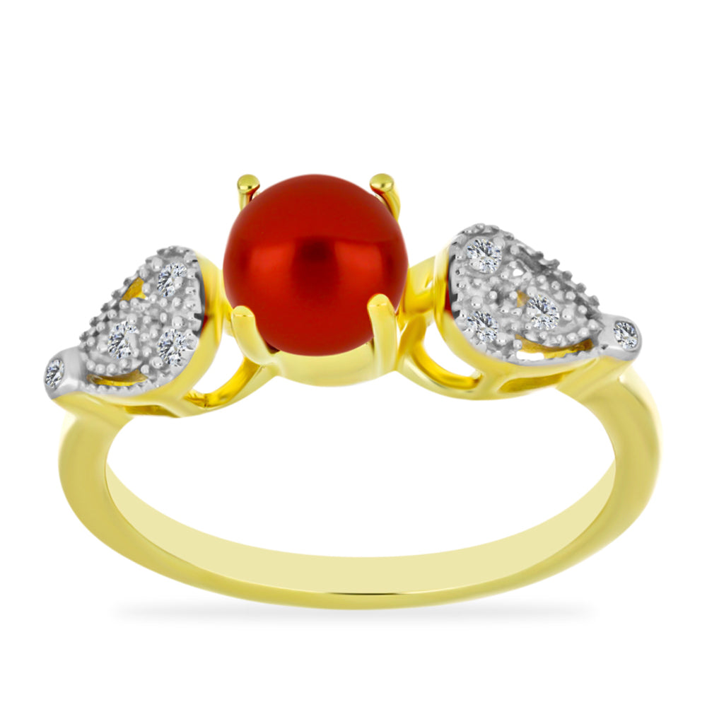 Anillo de Plata Bañada en Oro con Perla roja de río y Topacio Blanco