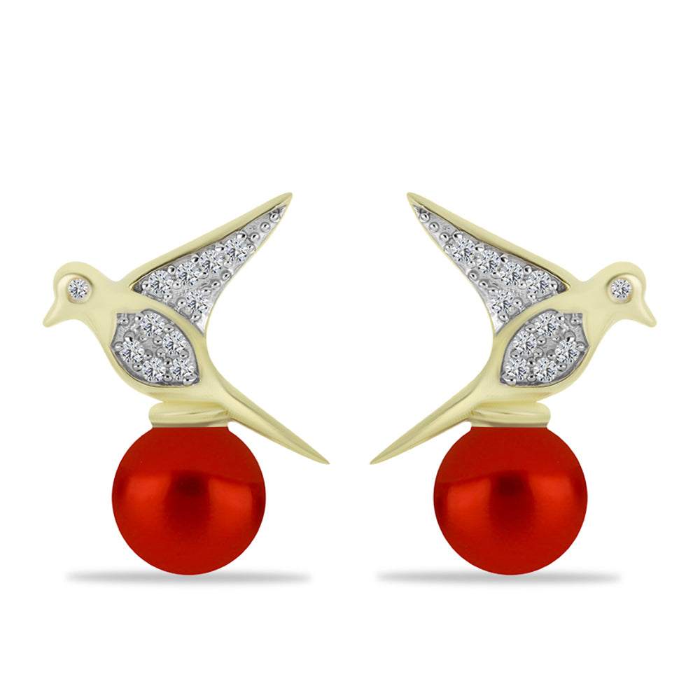 Pendientes de Plata Bañada en Oro con Perla roja de río y Topacio Blanco 1 