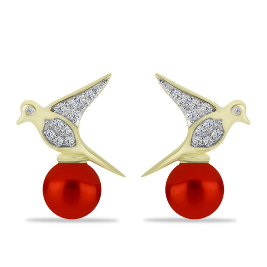 Pendientes de Plata Bañada en Oro con Perla roja de río y Topacio Blanco