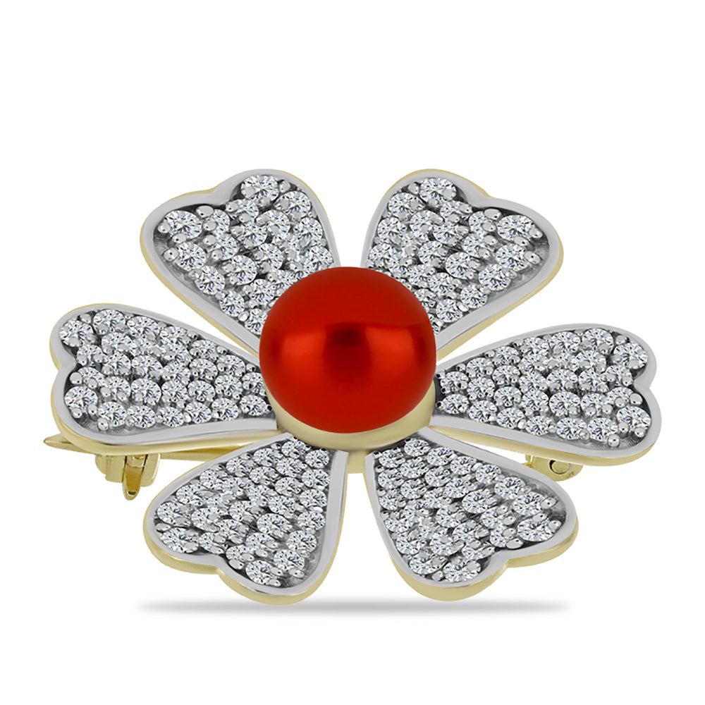 Broche de Plata Bañada en Oro con Perla roja de río y Topacio Blanco