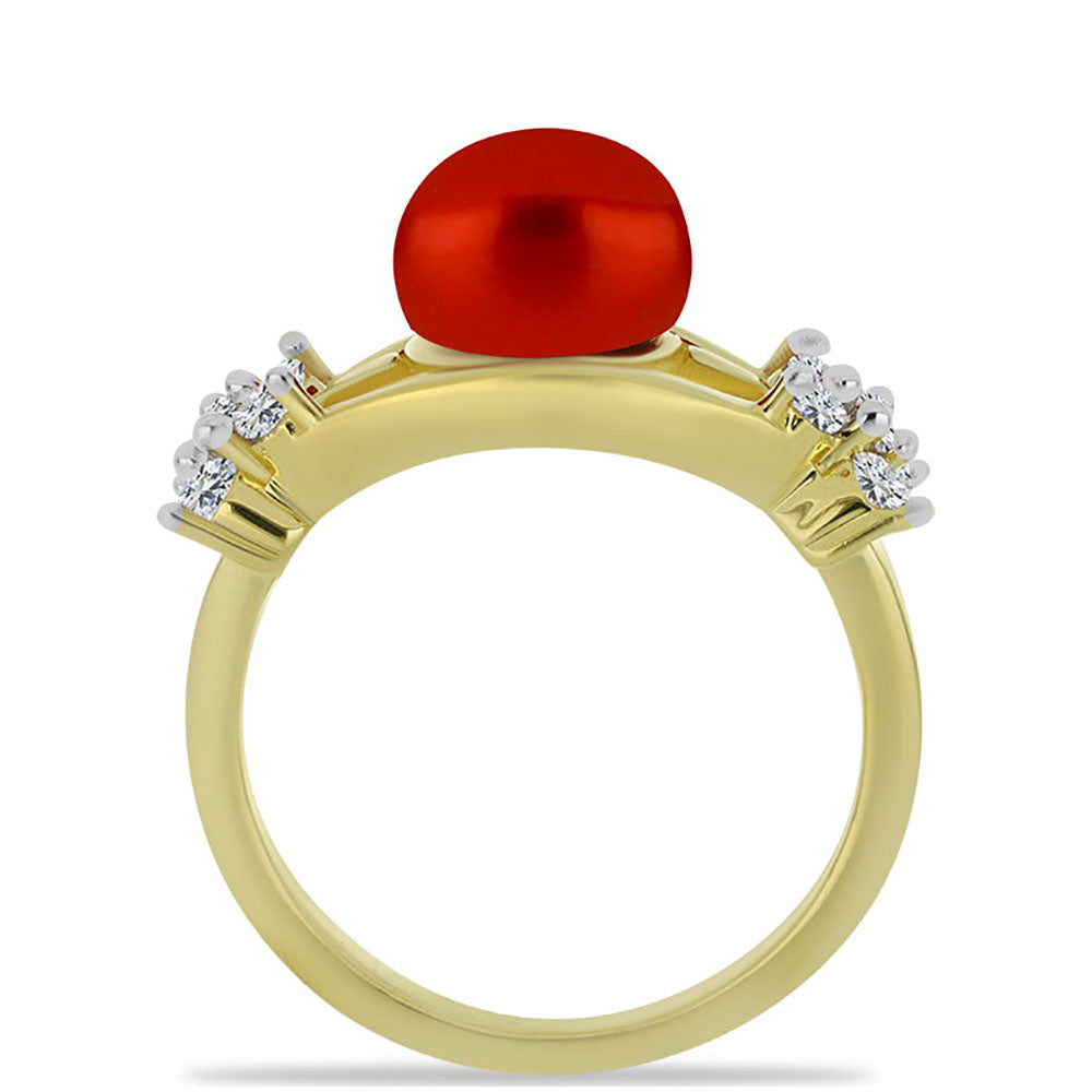 Anillo de Plata Bañada en Oro con Perla roja de río y Topacio Blanco 2 