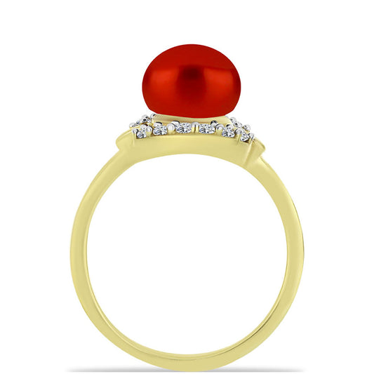 Anillo de Plata Bañada en Oro con Perla roja de río y Topacio Blanco