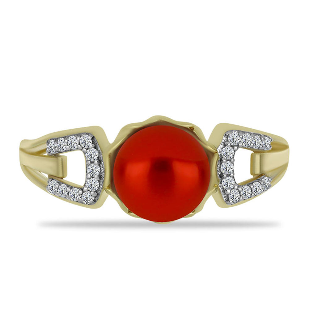 Anillo de Plata Bañada en Oro con Perla roja de río y Topacio Blanco 1 