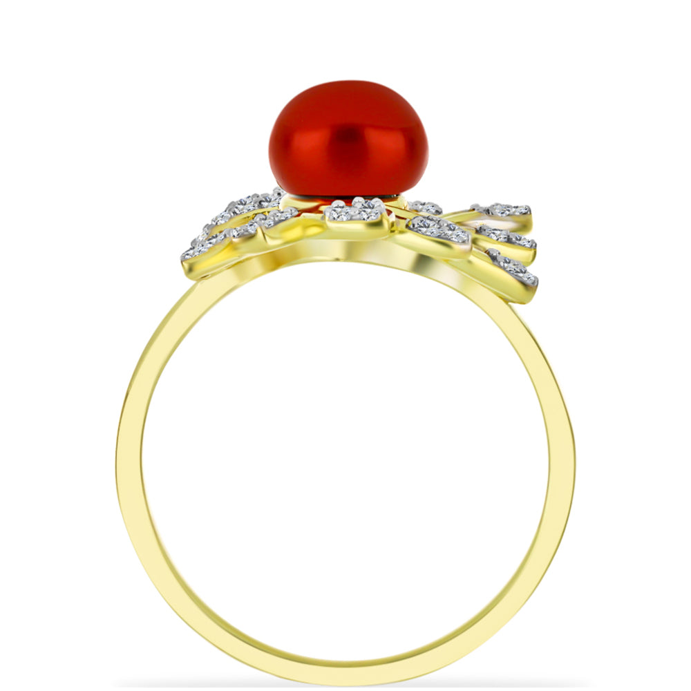 Anillo de Plata Bañada en Oro con Perla roja de río y Topacio Blanco 2 