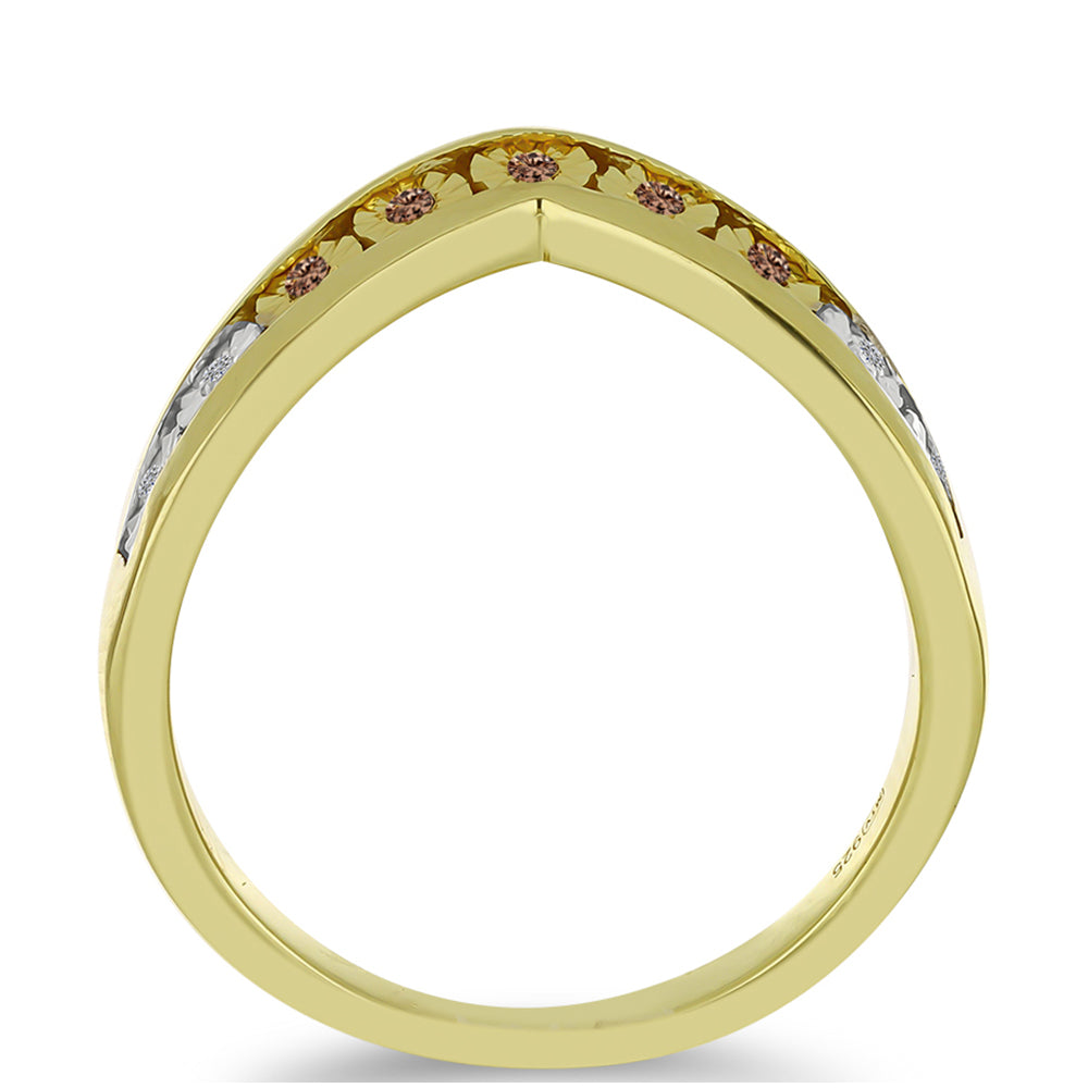 Anillo de Plata Bañada en Oro con Diamante Champagne y Diamante blanco 2 