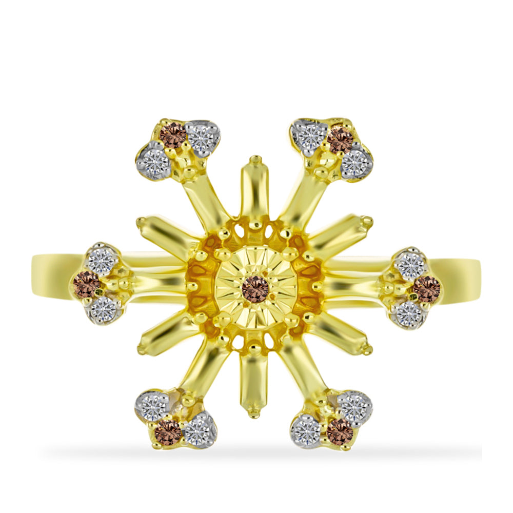Anillo de Plata Bañada en Oro con Diamante Champagne y Diamante blanco