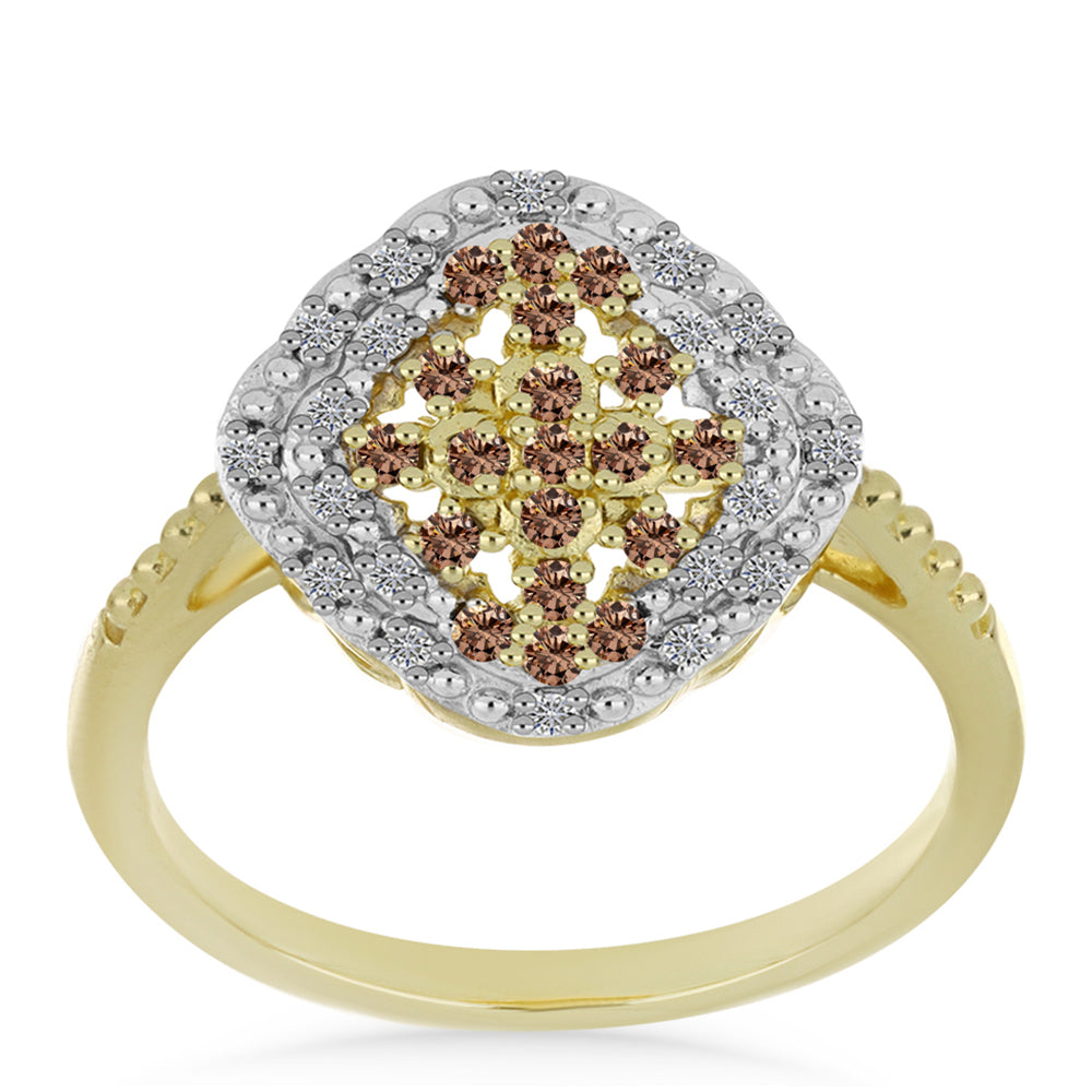 Anillo de Plata Bañada en Oro con Diamante Champagne y Diamante blanco