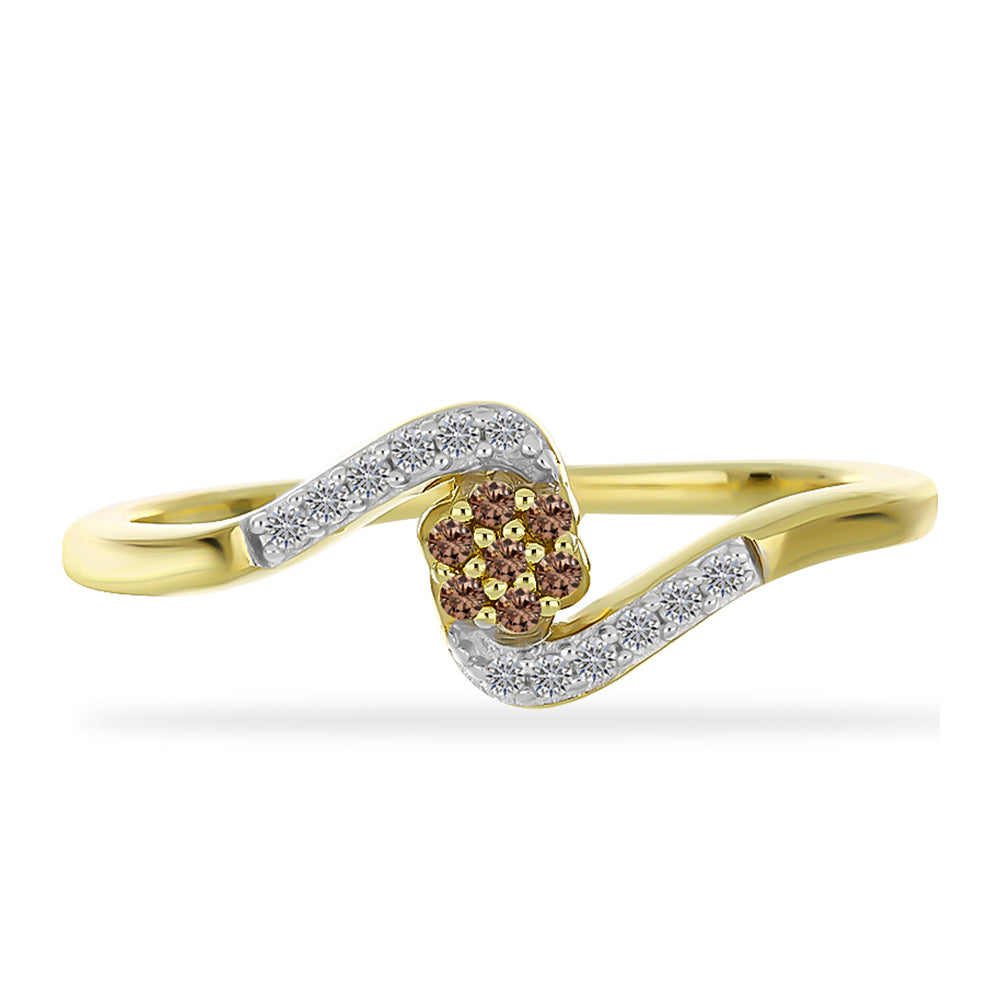 Anillo de Plata Bañada en Oro con Diamante Champagne y Diamante blanco